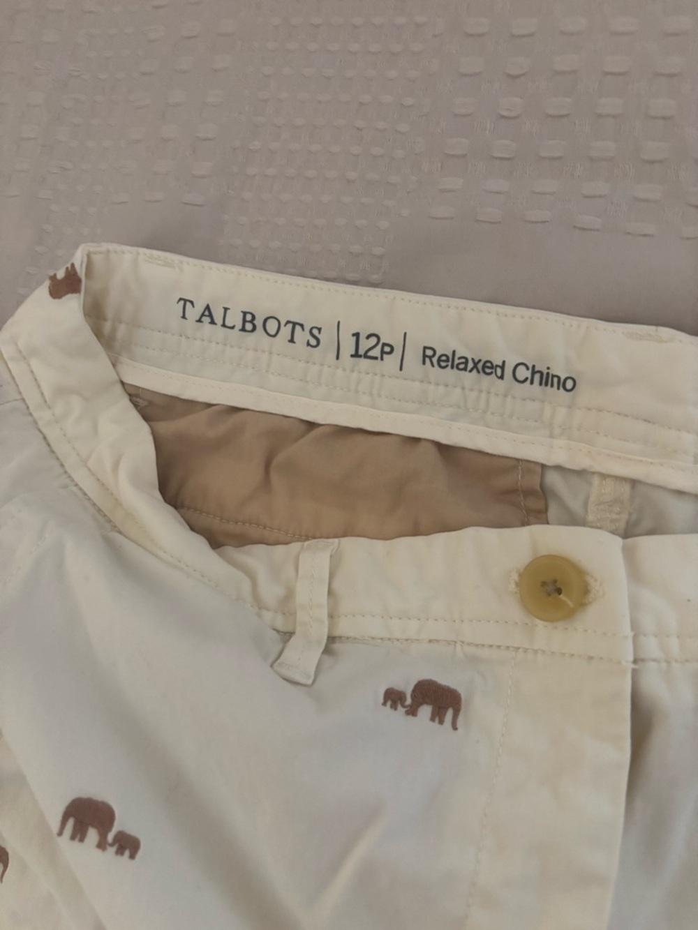 Talbots Ivory Chino Pants with Brown Elephant Embroidery